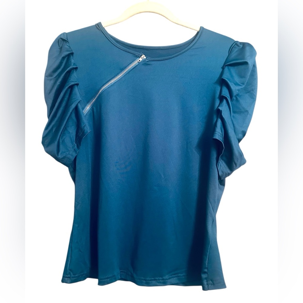 SHEIN Teal Ruffle Sleeve Top With Zipper